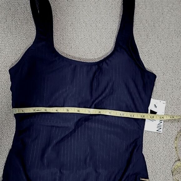 Nine West Solid Navy Blue Ribbed Tie Back One Piece Swimsuit- Size Medium - Picture 9 of 15